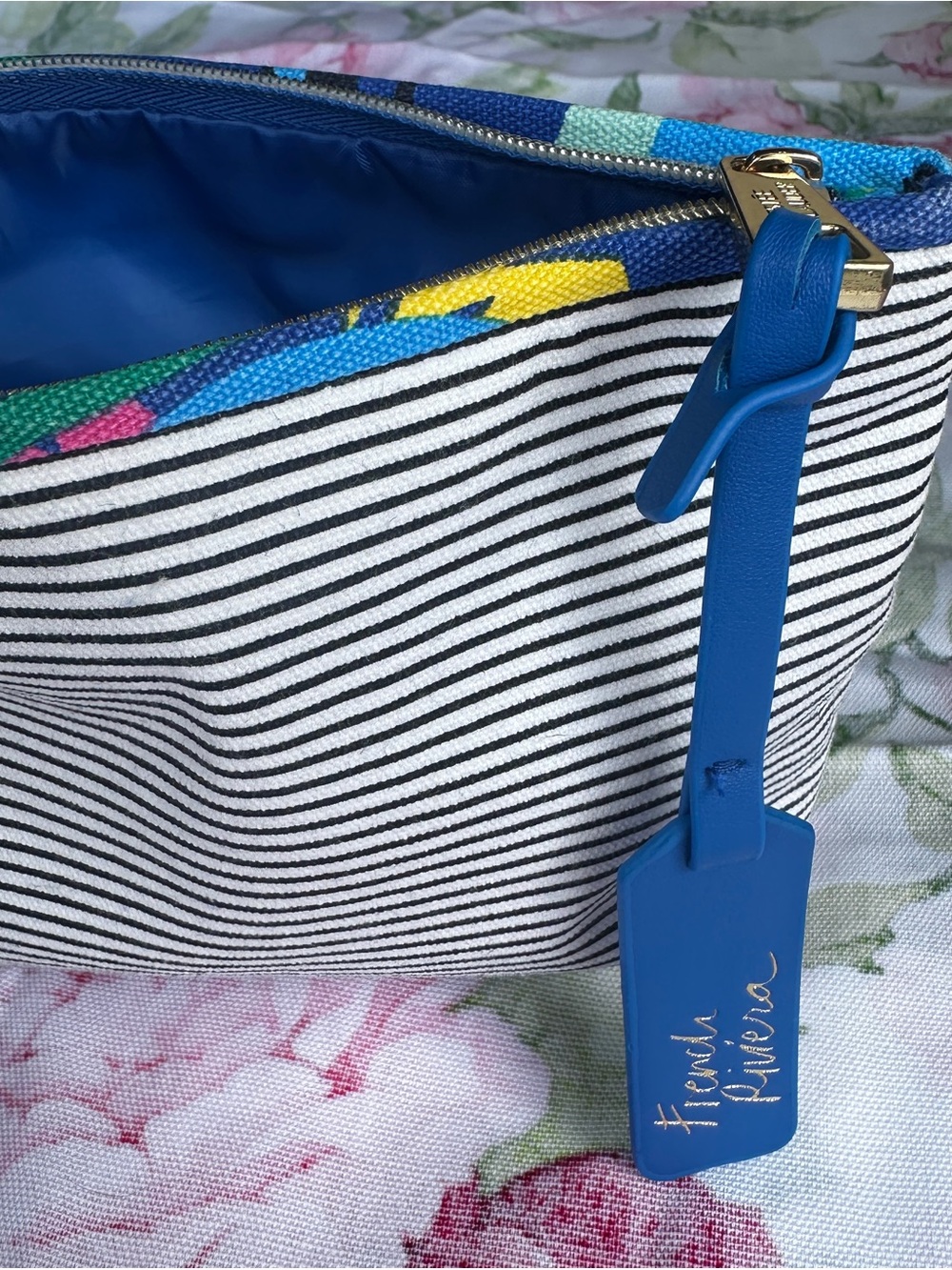 Estee Lauder Black and White Striped Cosmetic Pouch with Blue Accent